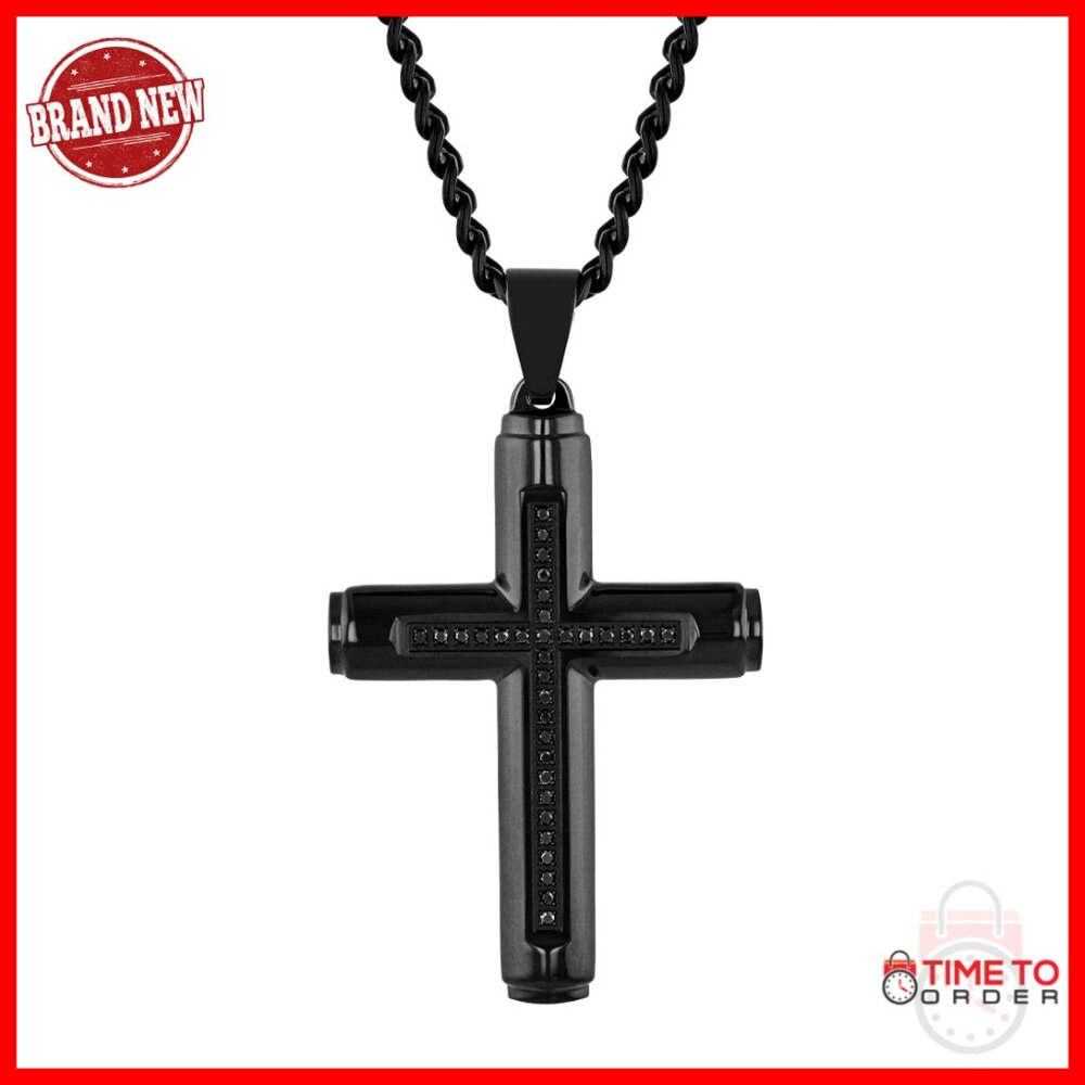 Men's Stainless Steel Cross Pendant Necklace With Black Diamonds 24 Inch Chain